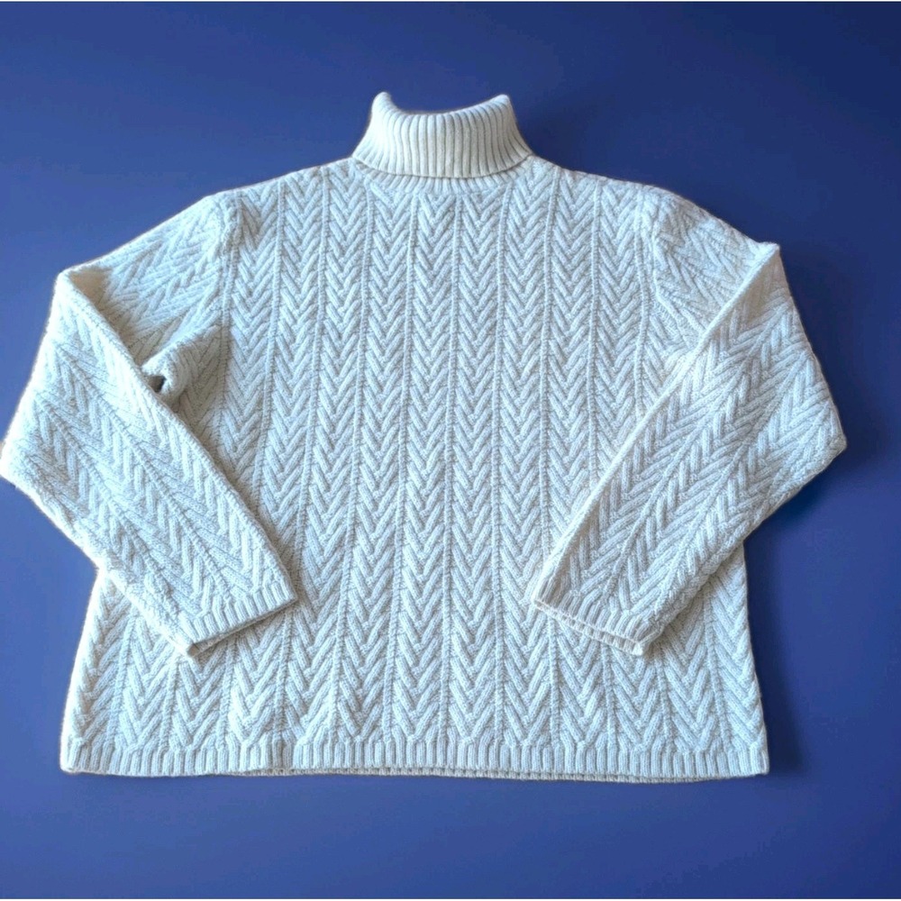 Alpaca Tasso Elba Turtle Neck Wool Herringbone Knit Ivory Sweater Women's XL